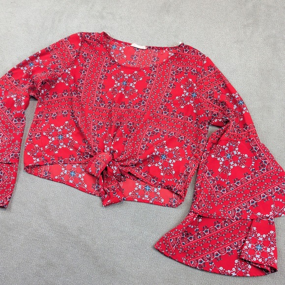 Altar'd State Size M Red Bandana Paisley Tie Front Boho Tiered Bell Sleeve Top — photo 2